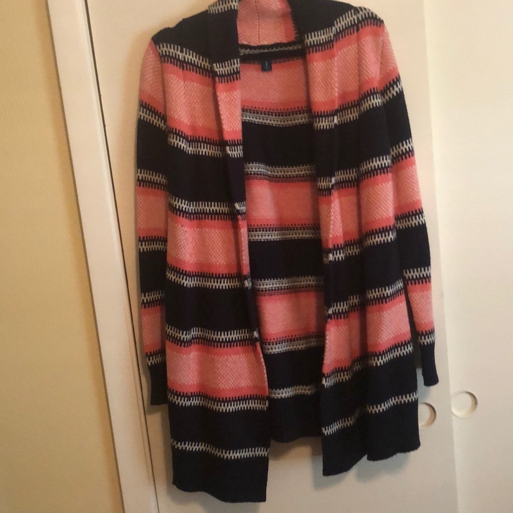 Navy, Coral Pink, & White Stitched Woven Cardigan